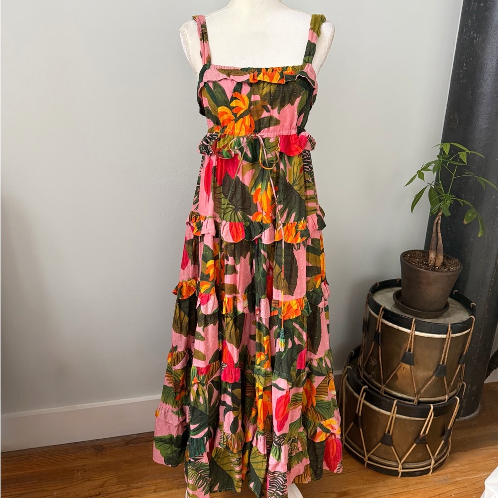FARM Rio Pink Cocoa Forest Tropical Tiered Maxi Dress with Drawstring Waist.